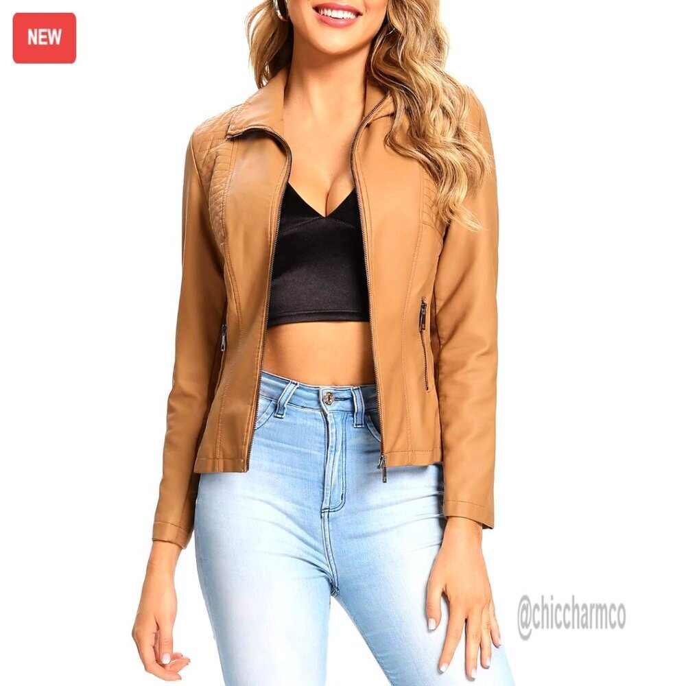 Faux Leather Jacket Quilted Zip Up Elastic Rib Casual Coat